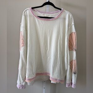 We The Free Cream Pink Shell Patch Oversized Long Sleeve shirt Size XL
